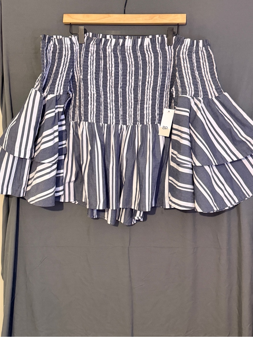 bp Navy and White Striped Off-Shoulder Smocked Top